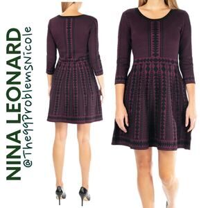 Nina Leonard Geometric Fit & Flare Sweater Dress in Black and Purple